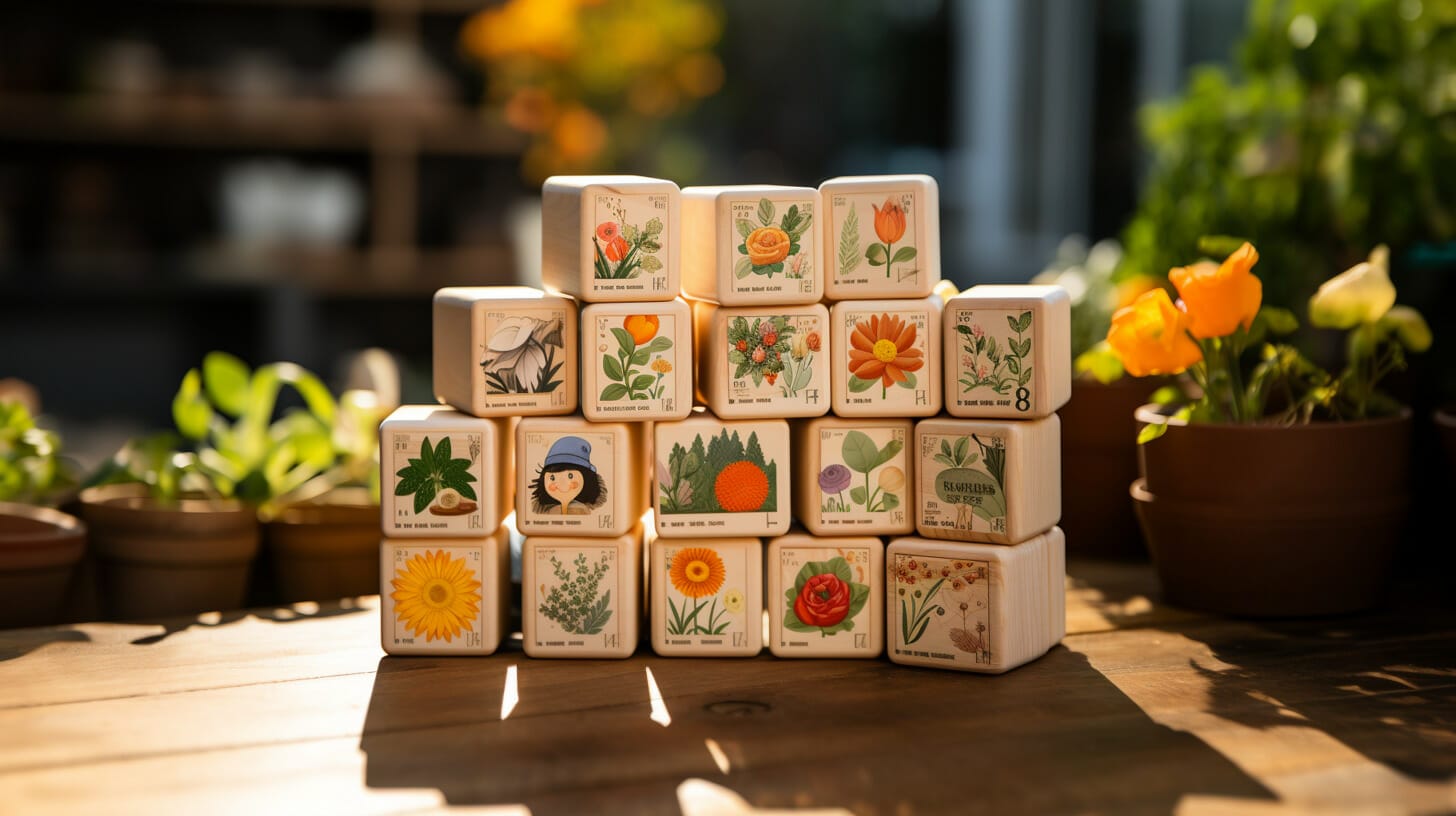 Kids Wooden Blocks with Gardening Images instead of letters.