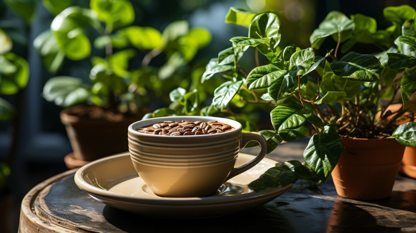 Coffee cup filled with coffee beans surrounded by plants.