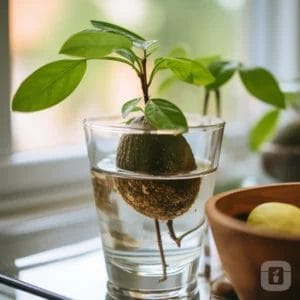 Avocado Seed Germinating in Glass