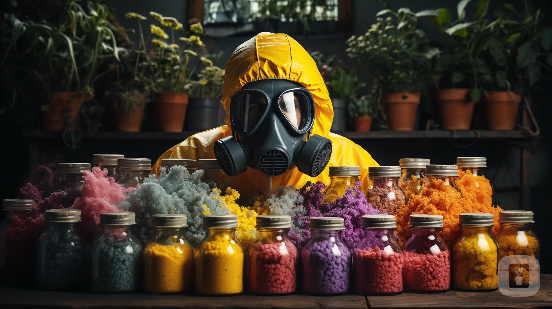 Hazmat suit chemicals in front and garden plants in background