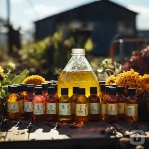 Group of Garden Chemicals and Pesticides in a healthy looking garden.