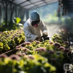 Greenhouse worker spraying pesticides
