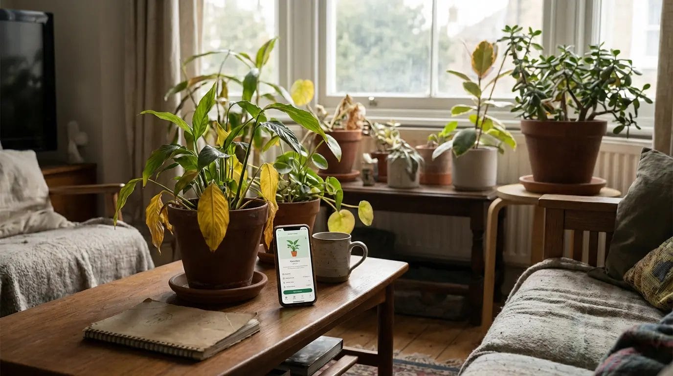 Houseplants in a living room beside a phone showing online plant care advice, illustrating how internet information influences home gardening decisions.